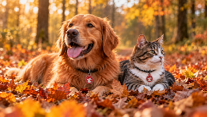 Chien et chat portant une médaille PetLink lors d’une promenade en automne