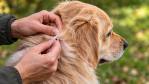 Inspection du pelage d’un chien pour repérer une tique après une promenade